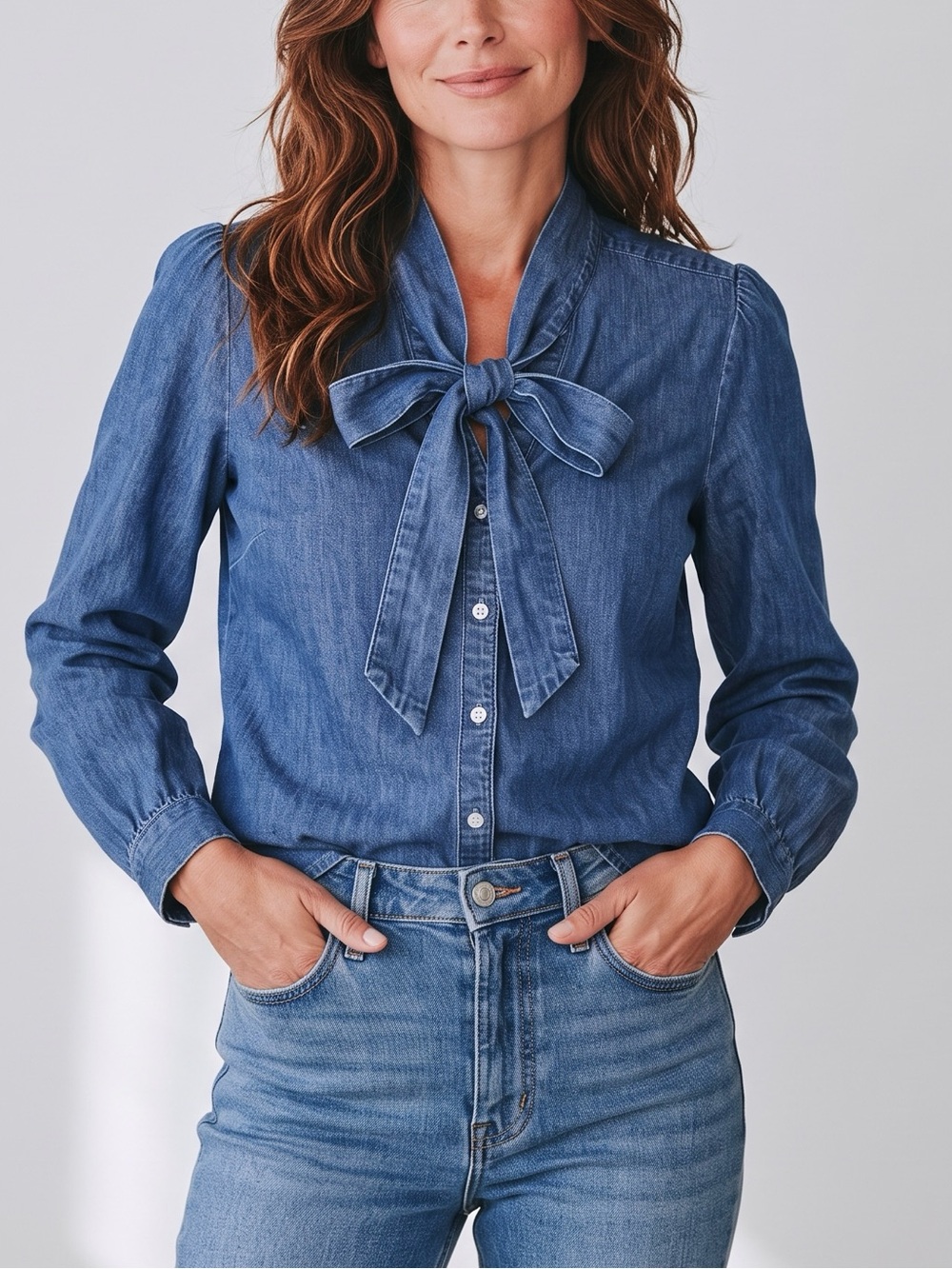 J. Crew Denim Chambray Tie Neck Button Down Blouse Top Blue Medium